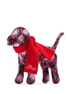 New Victoria's Secret Pink Plaid Dog Plush with Red Scarf